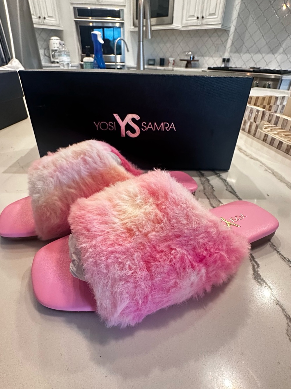 Yosi Samra Pink Plush Faux Fur Slide Sandals